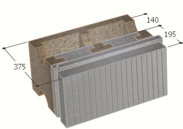 Image de Bloc à bancher en bois ciment (50x25 cm), isolant externe : 19.5 cm, épaisseur : 37.5 cm, béton : 14 cm, fabrication Belgique