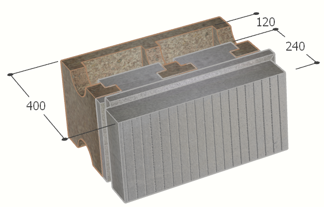 Image de Bloc à bancher en bois ciment (50x25 cm), isolant externe : 24 cm, épaisseur : 40 cm, béton : 12 cm, fabrication Belgique