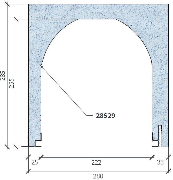 Image de Coffre (6 m) modèle haute isolation, L: 280, H: 285, tunnel: 222, rail 827/8E, finition primaire d'accroche gris, couleur bleu. Rupture du pont thermique avec le rail 8E (côté intérieur), brevet exclusif Fixolite.