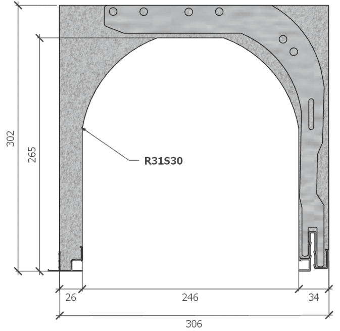 Image de Coffre (6 m) modèle renforcé, L: 306, H: 302, tunnel: 246, rail 827/28FR, finition primaire d'accroche, couleur gris